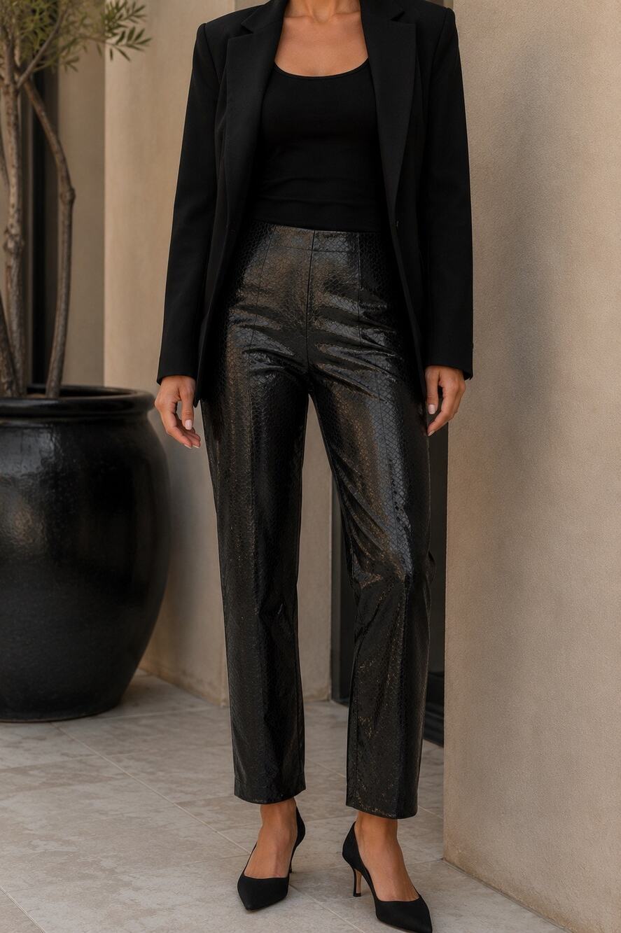 Miaou Vegan Leather Snakeskin Print Ankle Pants Edgy Chic Green Black Designer